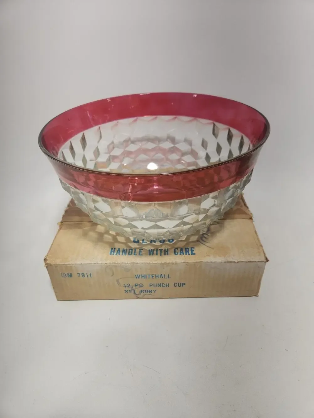 Vintage Whitehall Ruby Flash Punch Bowl Set 13 Pc 12 Cups Original Box Colony